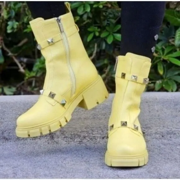 Women's Yellow Pyramid Stud Ankle Combat Boot
