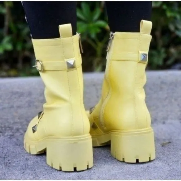 Women's Yellow Pyramid Stud Ankle Combat Boot