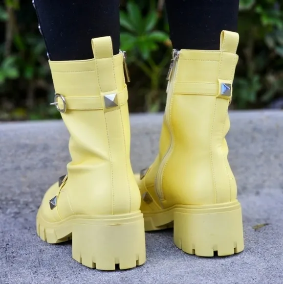 Women's Yellow Pyramid Stud Ankle Combat Boot