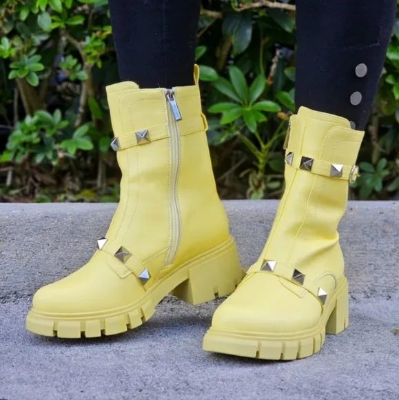 Women's Yellow Pyramid Stud Ankle Combat Boot