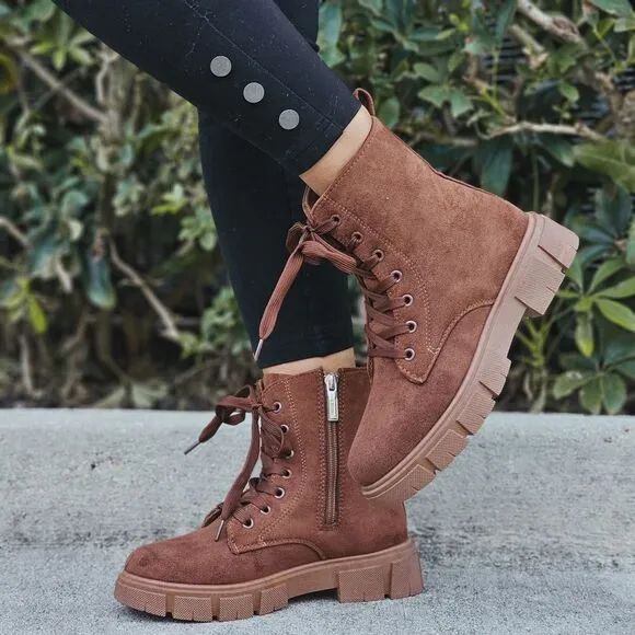 Womens Suede Brown Combat Ankle Boots Lace Up Heeled