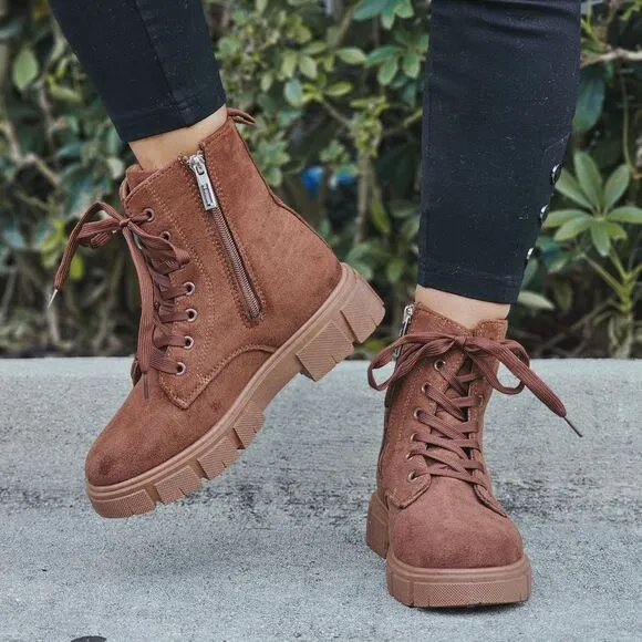 Womens Suede Brown Combat Ankle Boots Lace Up Heeled