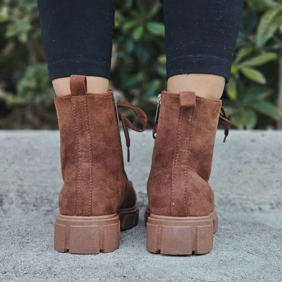 Womens Suede Brown Combat Ankle Boots Lace Up Heeled