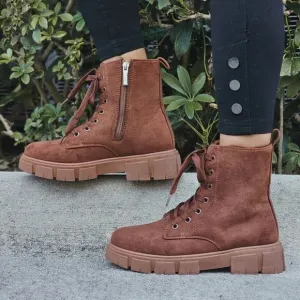 Womens Suede Brown Combat Ankle Boots Lace Up Heeled