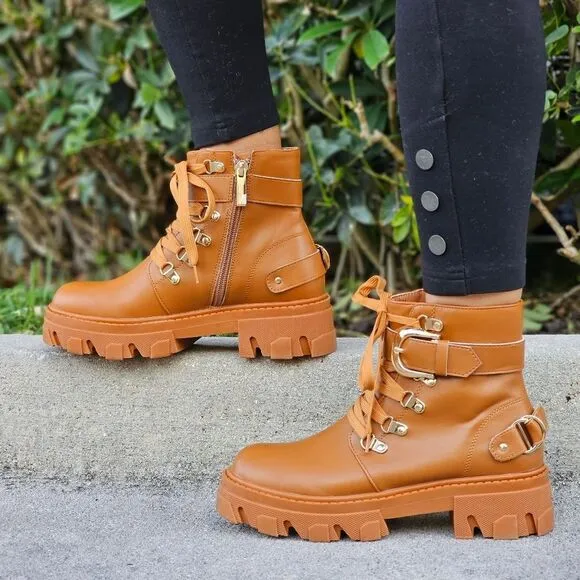 Womens Tan Combat Ankle Boots Lace Up Heeled