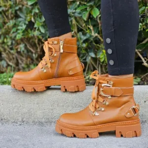 Womens Tan Combat Ankle Boots Lace Up Heeled