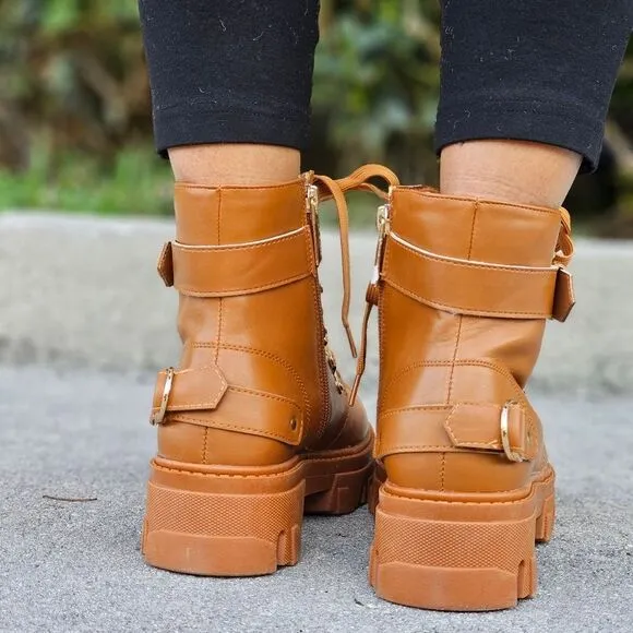 Womens Tan Combat Ankle Boots Lace Up Heeled
