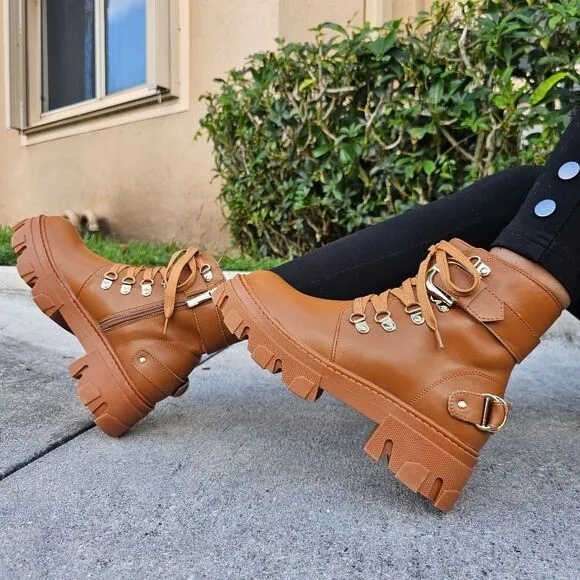 Womens Tan Combat Ankle Boots Lace Up Heeled