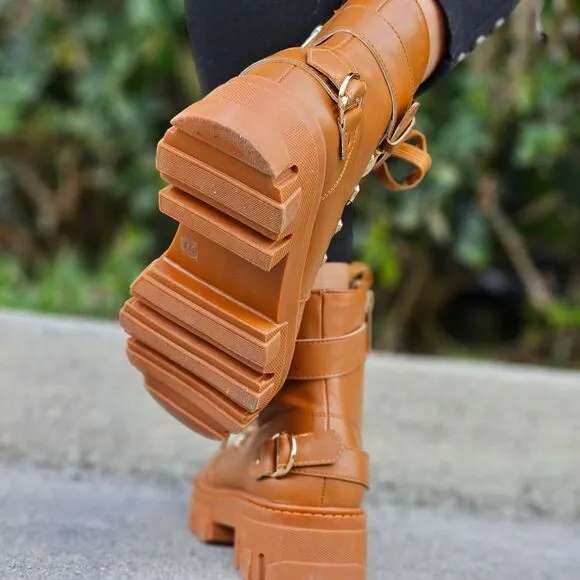 Womens Tan Combat Ankle Boots Lace Up Heeled