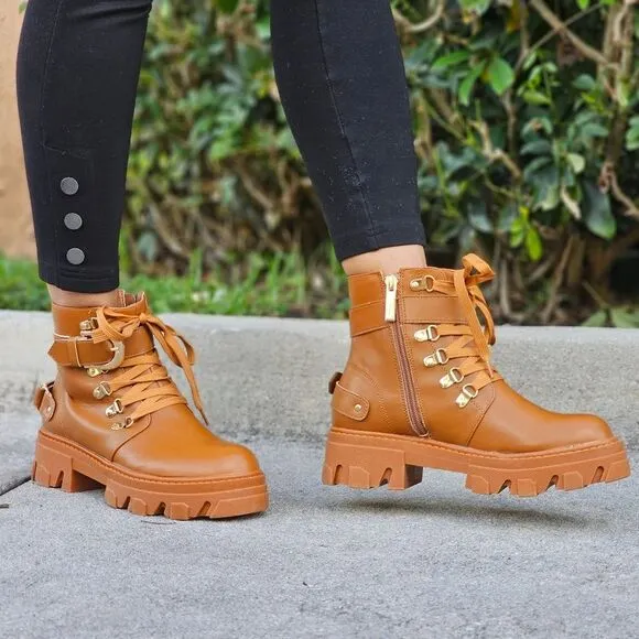 Womens Tan Combat Ankle Boots Lace Up Heeled
