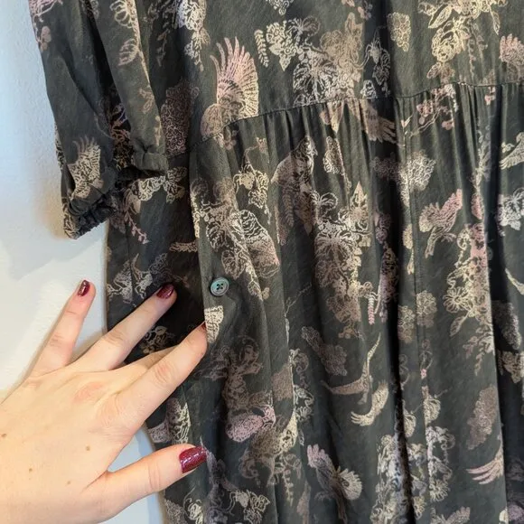 WRAP London Nwt 100% Silk Dress 16 Mushroom Gray Brown Whimsical Birds Leaves
