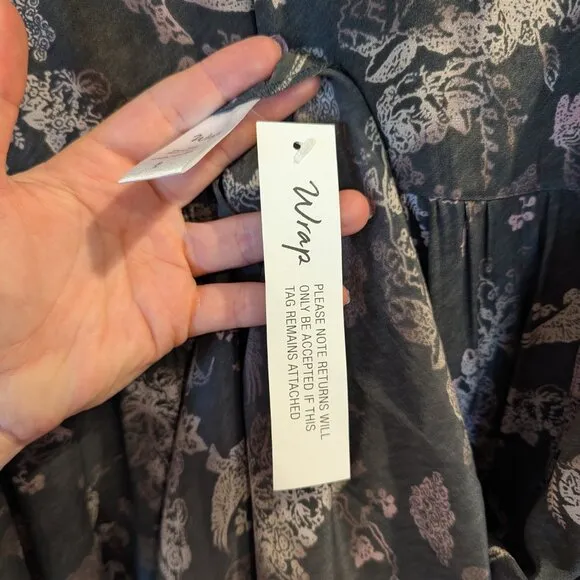 WRAP London Nwt 100% Silk Dress 16 Mushroom Gray Brown Whimsical Birds Leaves
