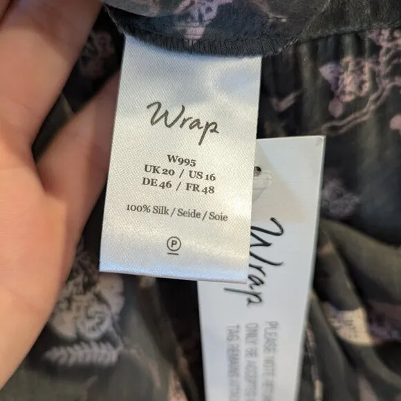 WRAP London Nwt 100% Silk Dress 16 Mushroom Gray Brown Whimsical Birds Leaves