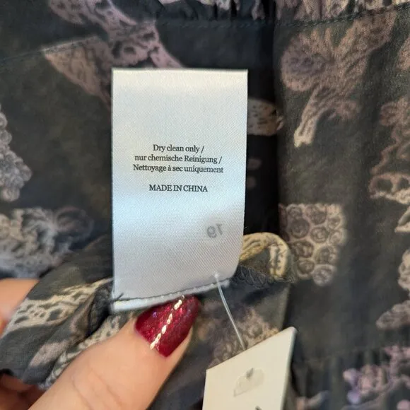 WRAP London Nwt 100% Silk Dress 16 Mushroom Gray Brown Whimsical Birds Leaves