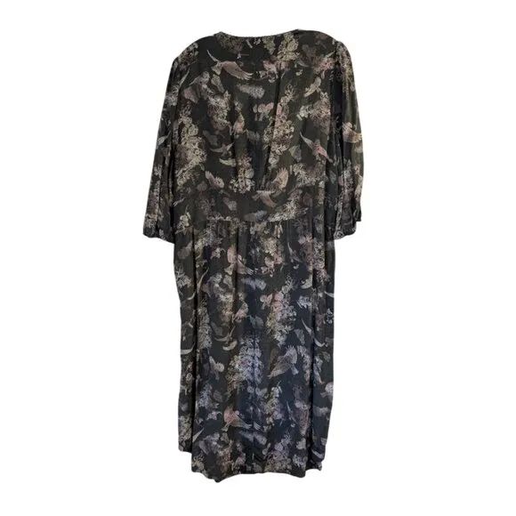 WRAP London Nwt 100% Silk Dress 16 Mushroom Gray Brown Whimsical Birds Leaves