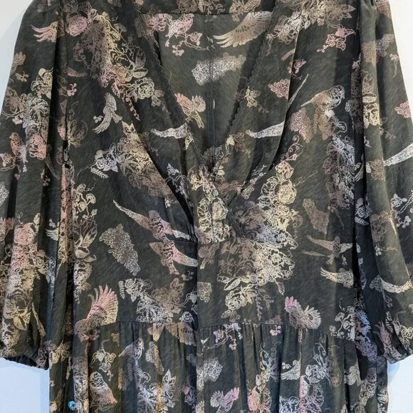 WRAP London Nwt 100% Silk Dress 16 Mushroom Gray Brown Whimsical Birds Leaves