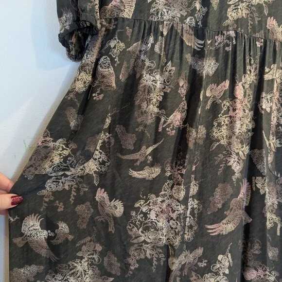 WRAP London Nwt 100% Silk Dress 16 Mushroom Gray Brown Whimsical Birds Leaves