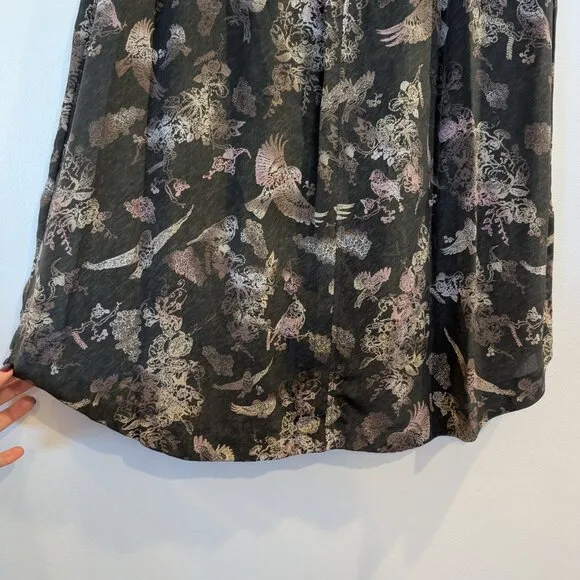 WRAP London Nwt 100% Silk Dress 16 Mushroom Gray Brown Whimsical Birds Leaves