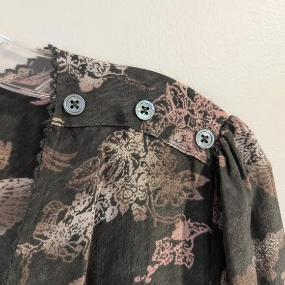 WRAP London Nwt 100% Silk Dress 16 Mushroom Gray Brown Whimsical Birds Leaves