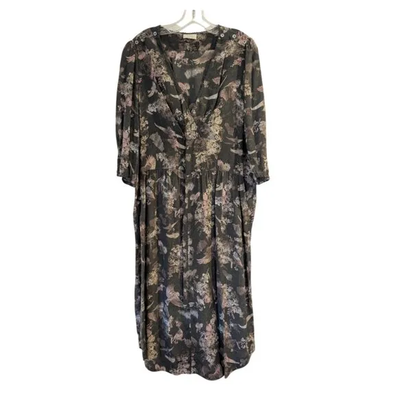 WRAP London Nwt 100% Silk Dress 16 Mushroom Gray Brown Whimsical Birds Leaves