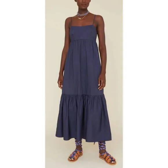 XIRENA Freya Dress Navy Blue Cotton Smocked Maxi Ruffle Hem Tuckernuck