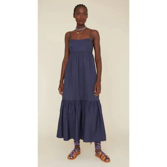 XIRENA Freya Dress Navy Blue Cotton Smocked Maxi Ruffle Hem Tuckernuck