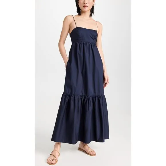 XIRENA Freya Dress Navy Blue Cotton Smocked Maxi Ruffle Hem Tuckernuck