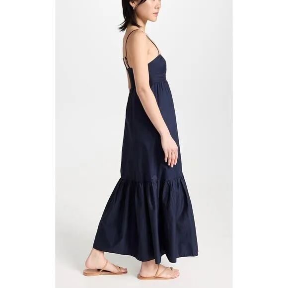 XIRENA Freya Dress Navy Blue Cotton Smocked Maxi Ruffle Hem Tuckernuck