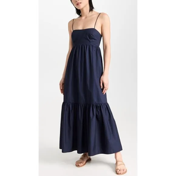 XIRENA Freya Dress Navy Blue Cotton Smocked Maxi Ruffle Hem Tuckernuck