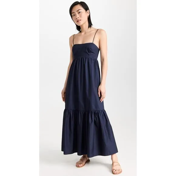 XIRENA Freya Dress Navy Blue Cotton Smocked Maxi Ruffle Hem Tuckernuck