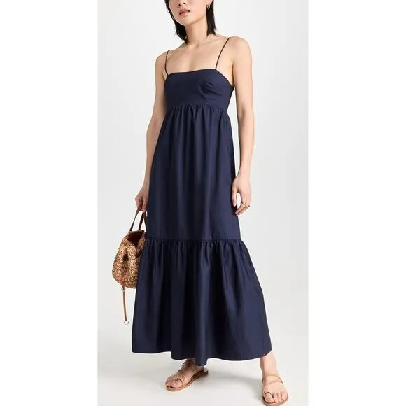XIRENA Freya Dress Navy Blue Cotton Smocked Maxi Ruffle Hem Tuckernuck
