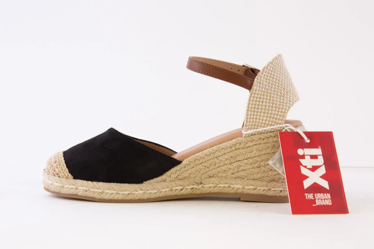 XTI - 140746 MEDIUM WEDGE ANKLE STRAP ESPADRILLE SHOE - BLACK SUEDE