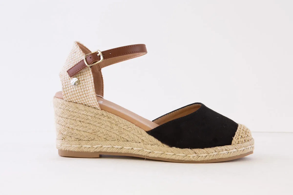 XTI - 140746 MEDIUM WEDGE ANKLE STRAP ESPADRILLE SHOE - BLACK SUEDE