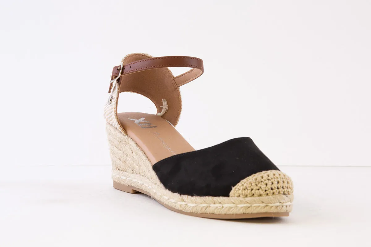 XTI - 140746 MEDIUM WEDGE ANKLE STRAP ESPADRILLE SHOE - BLACK SUEDE