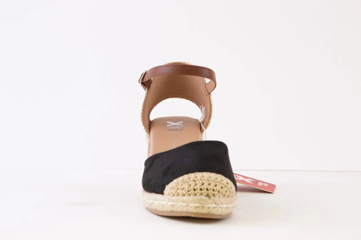 XTI - 140746 MEDIUM WEDGE ANKLE STRAP ESPADRILLE SHOE - BLACK SUEDE