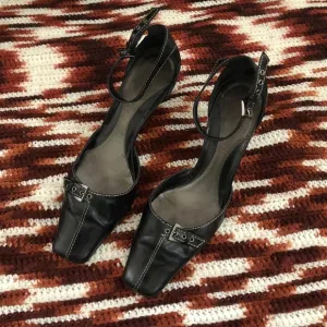 Y2K Gianni Bini Gothic Black leather square toe buckle kitten heels pumps sandal