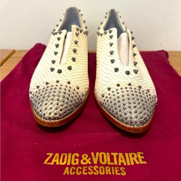 Zadig &amp; Voltaire White leather snakeskin spike studded loafers 8.5 NWOB $498