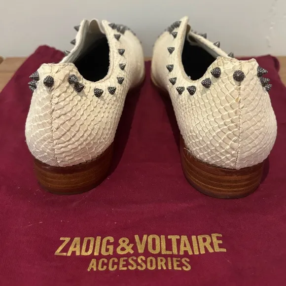 Zadig &amp; Voltaire White leather snakeskin spike studded loafers 8.5 NWOB $498