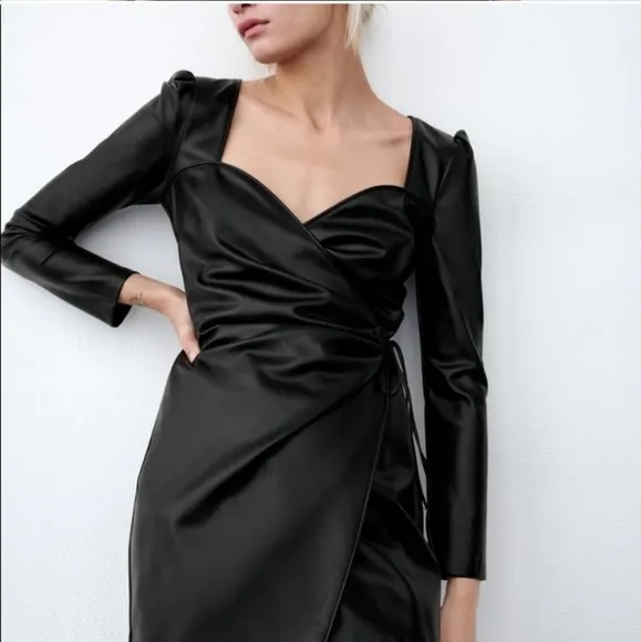 Zara * Bloggers Fav Faux Leather Wrap Dress Black