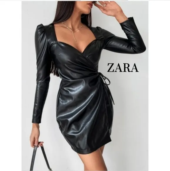 Zara * Bloggers Fav Faux Leather Wrap Dress Black
