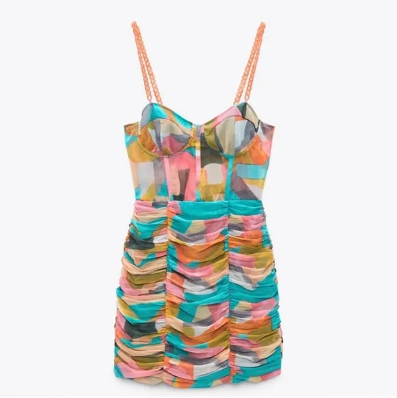 Zara chain strap tulle multicolored printed draped dress