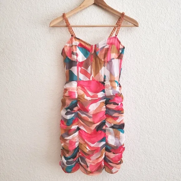 Zara chain strap tulle multicolored printed draped dress