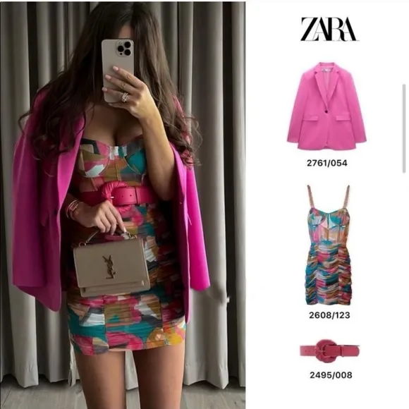 Zara chain strap tulle multicolored printed draped dress