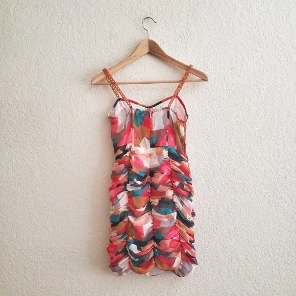 Zara chain strap tulle multicolored printed draped dress