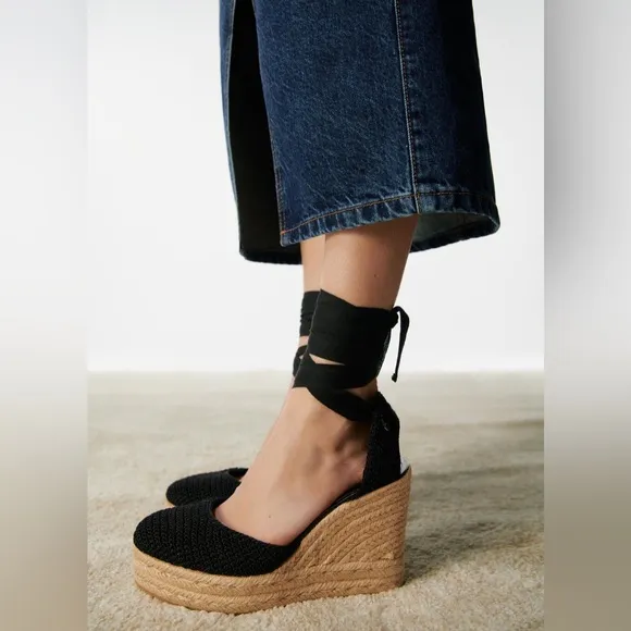 ZARA CROCHETED LACE UP WEDGE SANDALS size 39