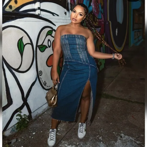 Zara  denim * strapless midi dress slit size XS