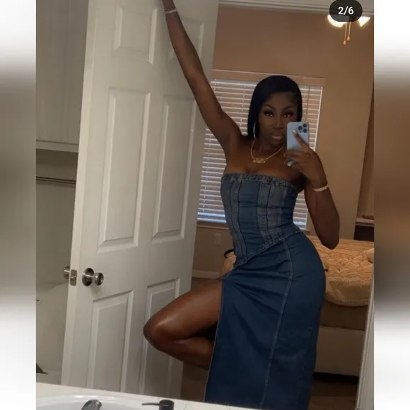 Zara  denim * strapless midi dress slit size XS