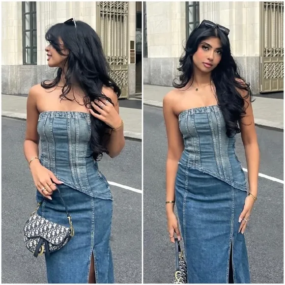Zara  denim * strapless midi dress slit size XS