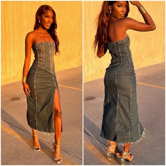 Zara  denim * strapless midi dress slit size XS