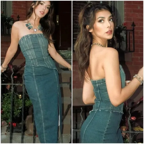 Zara  denim * strapless midi dress slit size XS